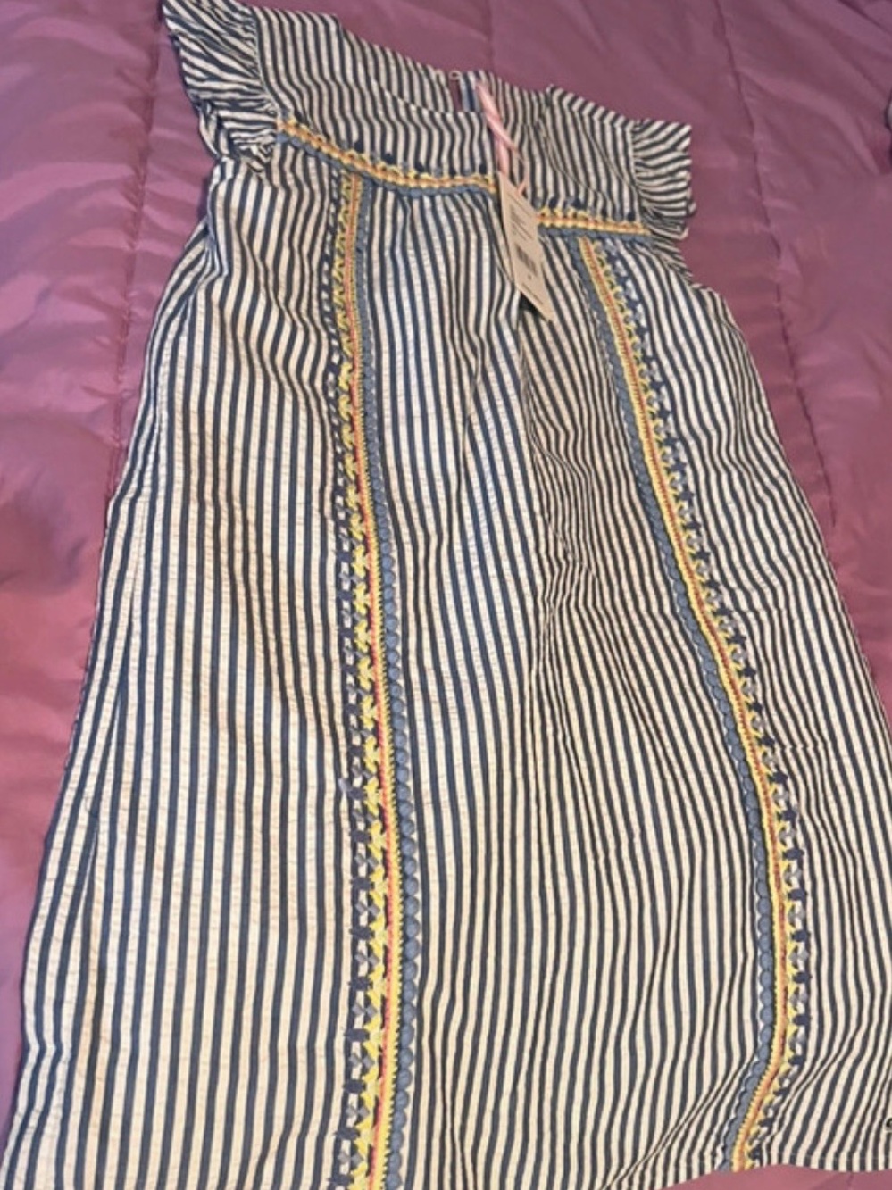 Vineyard Vines Blue and White Striped Girls Maxi Dress with Yellow Trim